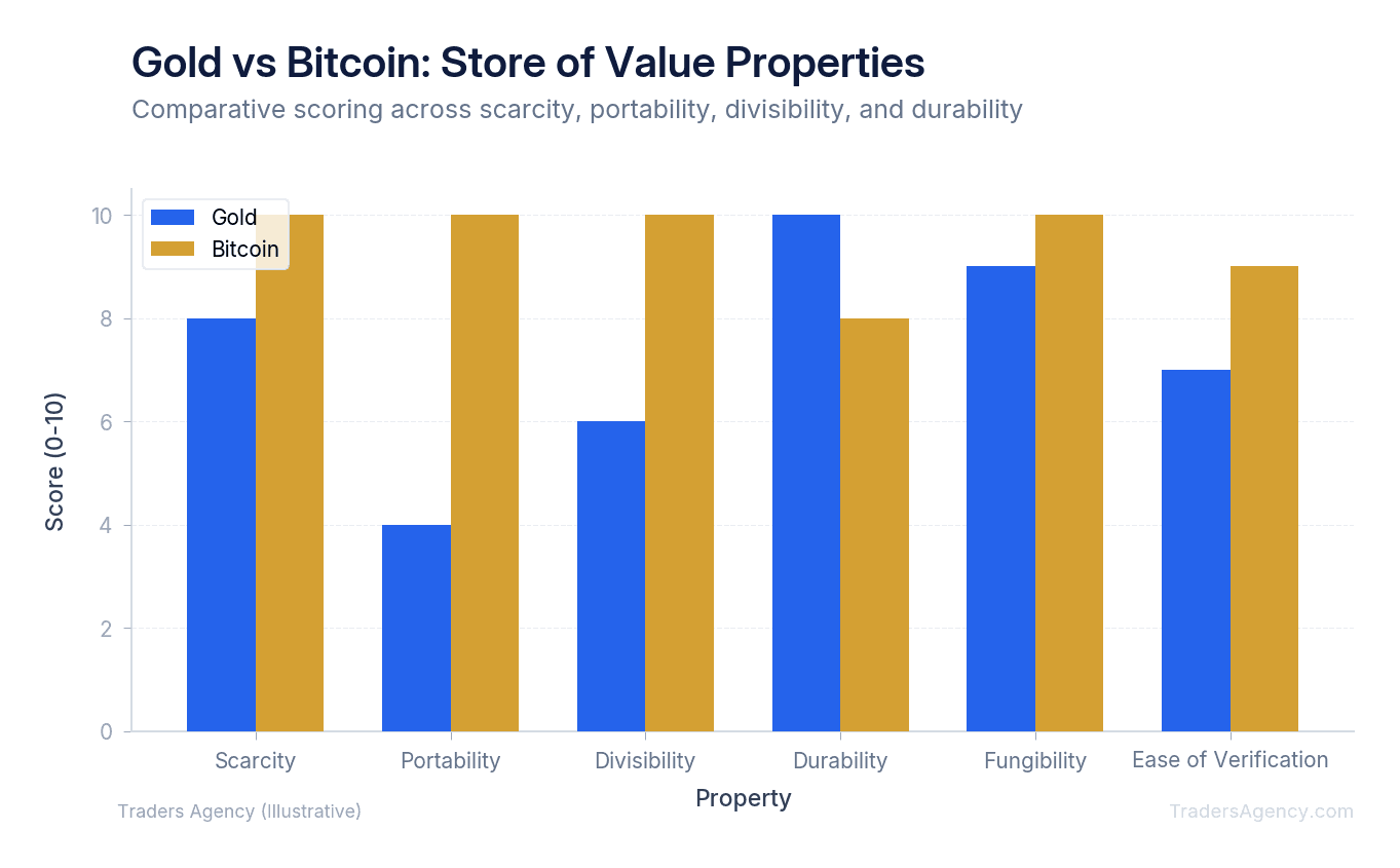 Bar chart comparing scarcity, portability, divisibility, and durability scores for gold and bitcoin on a 0-10 scale