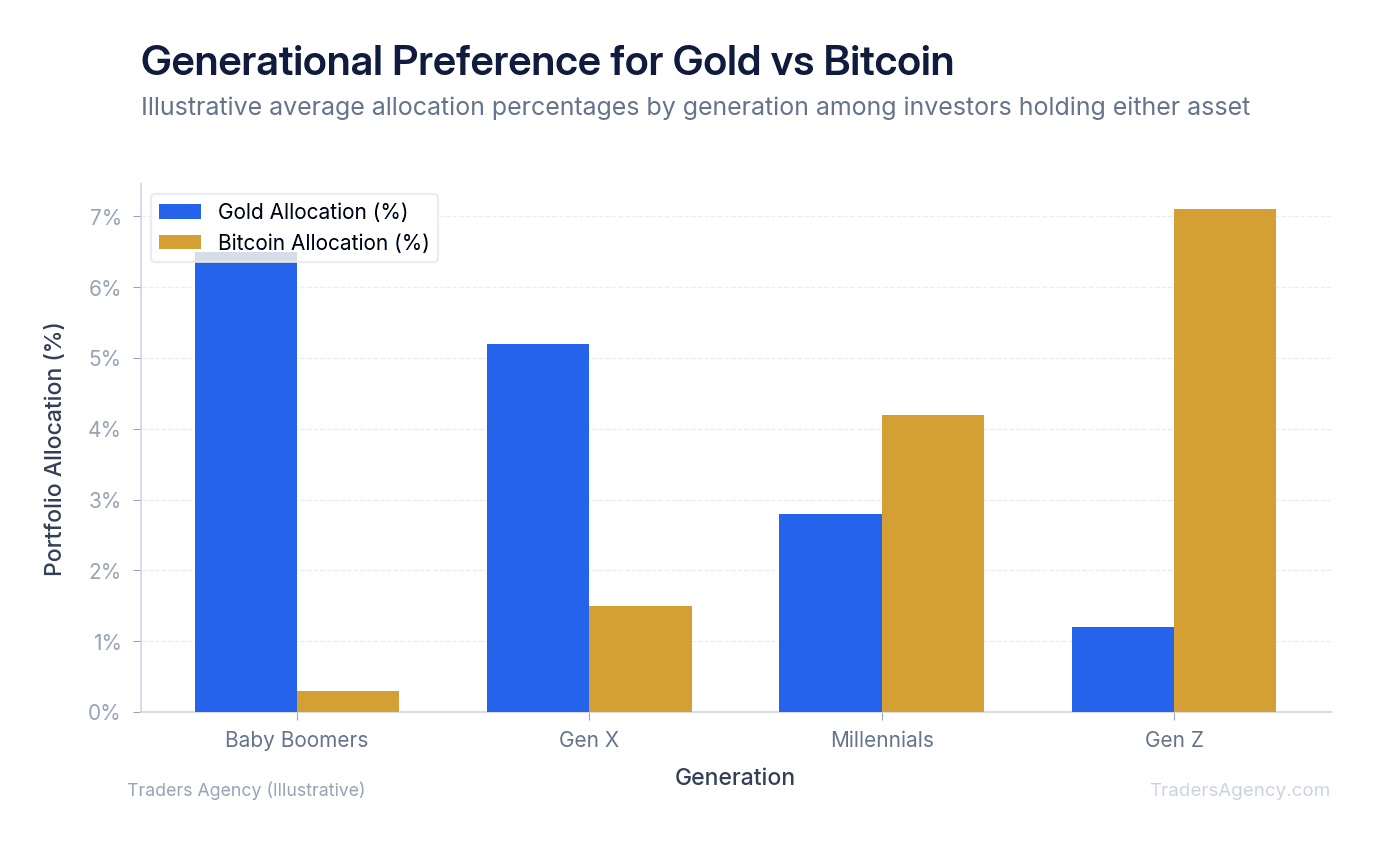 Bar chart showing average portfolio allocation percentages to gold and bitcoin across Baby Boomers, Gen X, Millennials, and Gen Z