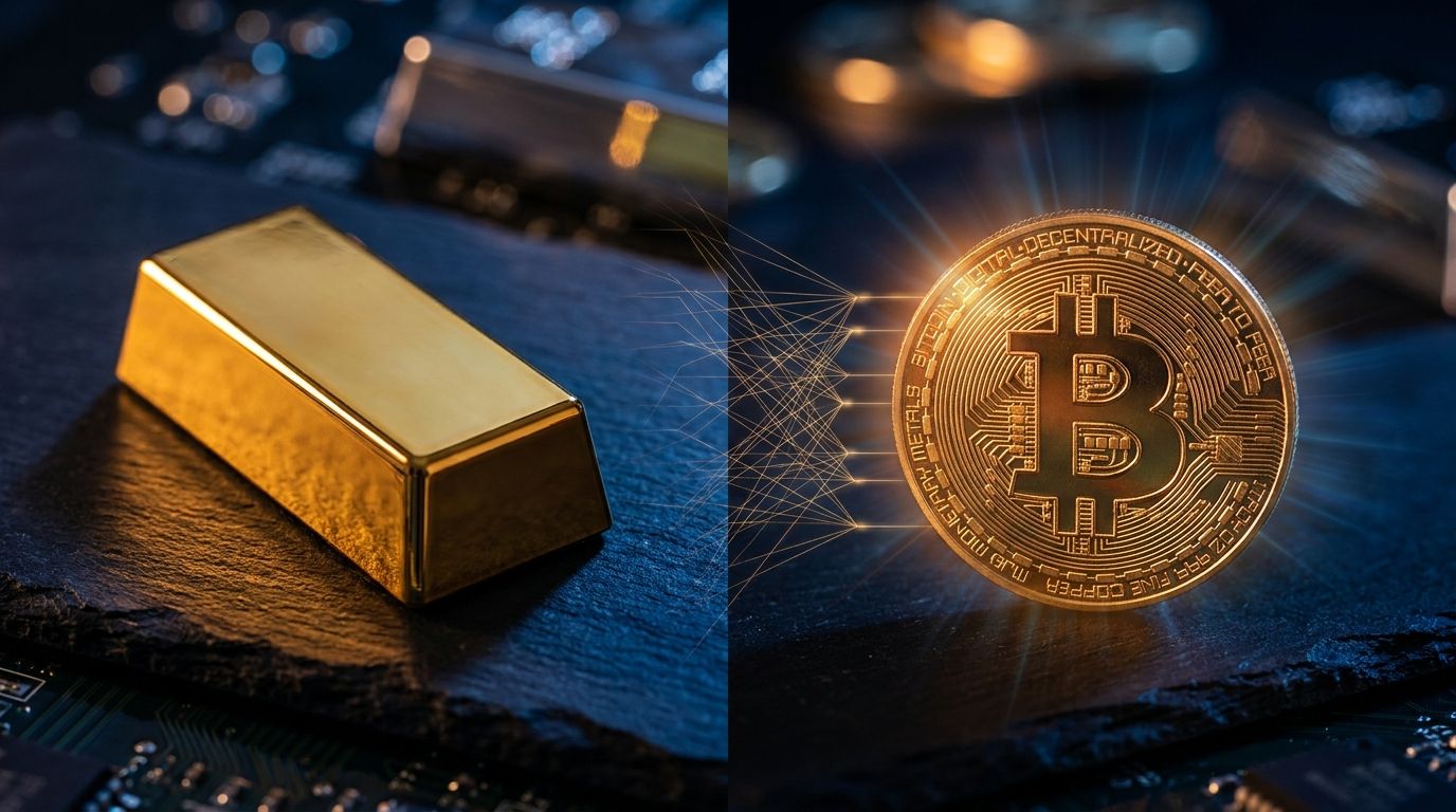 A dramatic split composition showing a gleaming gold bar on one side and a glowing Bitcoin coin on the other, facing each other against a dark, moody background with subtle light rays emanating from both objects.