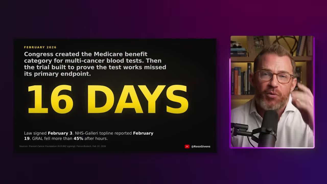 Stat overlay showing '16 DAYS' between Medicare benefit category creation for multi-cancer blood tests and the trial missing its primary endpoint, with GRAL stock falling 45% after hours