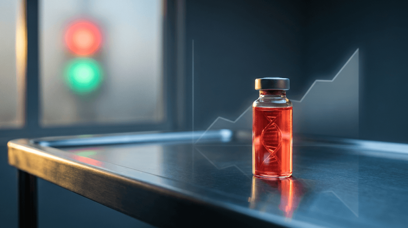 A single vial of blood glowing with a subtle DNA helix pattern inside it, positioned on a stark medical table with a soft red-and-green traffic light effect blurred in the background—symbolizing the binary FDA decision.