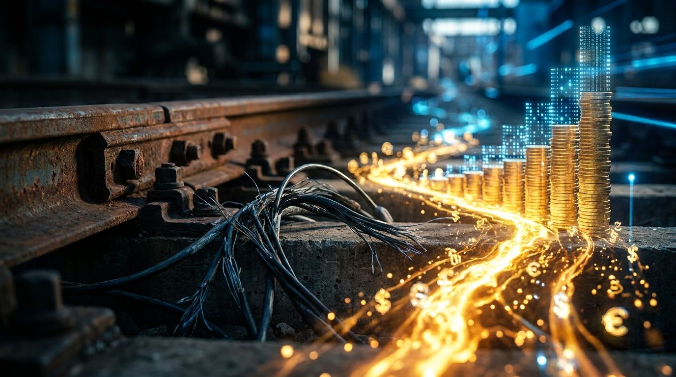 A dramatic split-scene image showing a crumbling industrial infrastructure — rusted railroad tracks or tangled fiber optic cables — on one side, contrasting with a sleek, glowing stream of golden light or digital currency flowing upward on