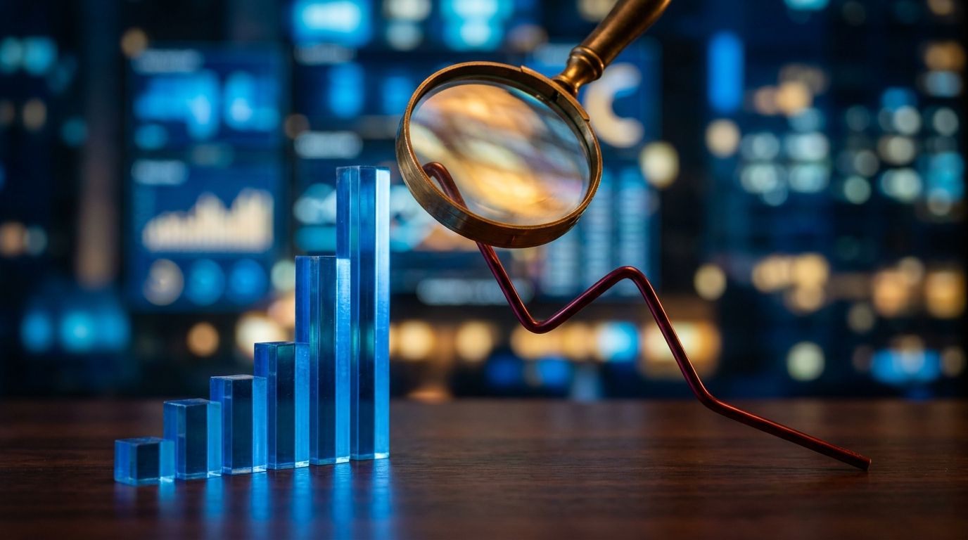 A split-screen financial dashboard showing a bold upward revenue bar chart on one side contrasted against a sharply declining margin trend line on the other, rendered in deep blue and red tones.