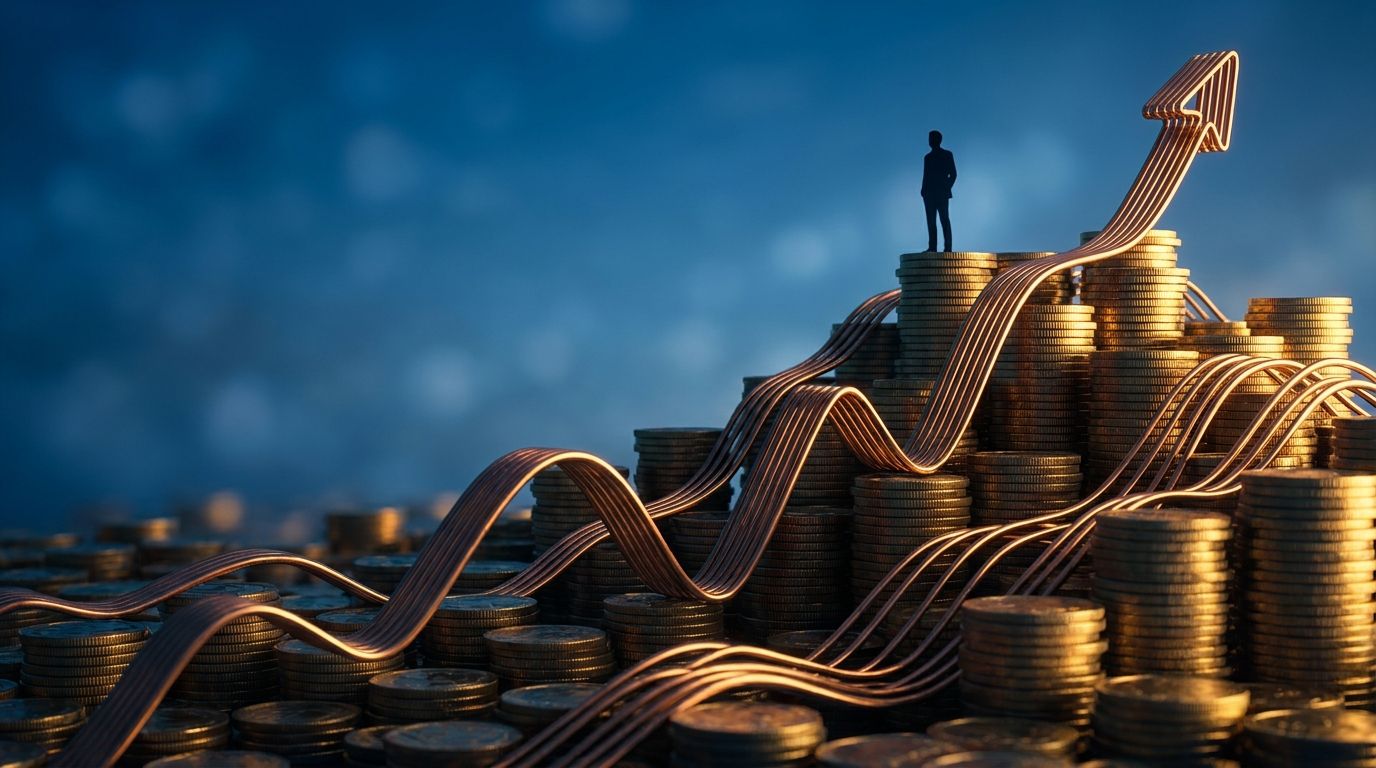A confident figure stands at the peak of a steep upward-trending mountain made of golden coins and stock chart lines, with a clear blue sky stretching endlessly ahead.