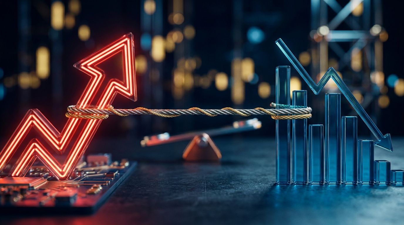 A split composition showing two contrasting elements: on one side, a rising interest rate graph or upward-pointing arrow rendered in bold red, and on the other side, a downward-trending stock chart or falling bar graph in deep blue.