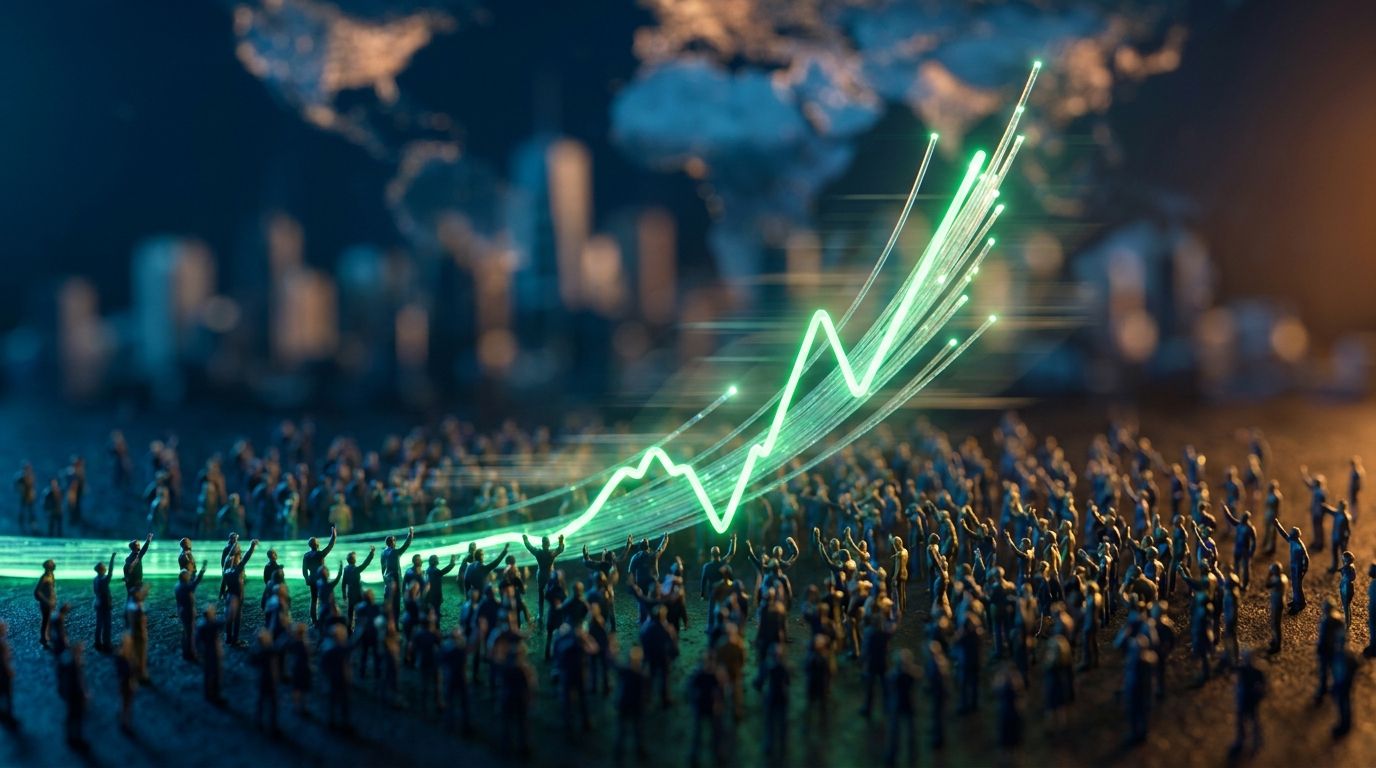 A dramatic upward-trending stock chart dominates the frame, rendered in bold green with a sharp vertical spike, while a massive crowd of small human figures at the base collectively pushes the price line skyward with their hands.