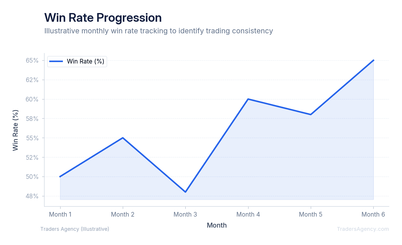 Line chart showing win rate percentage fluctuating between 45% and 65% across six months of trading