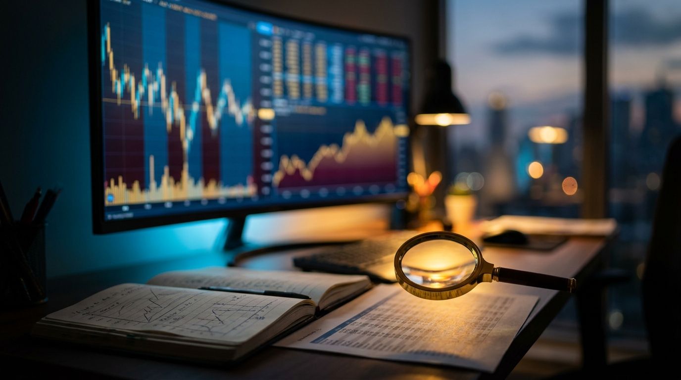 A trader sits at a desk with a glowing monitor displaying colorful spreadsheet data, candlestick charts, and performance graphs, with a physical notebook open beside it suggesting active analysis.