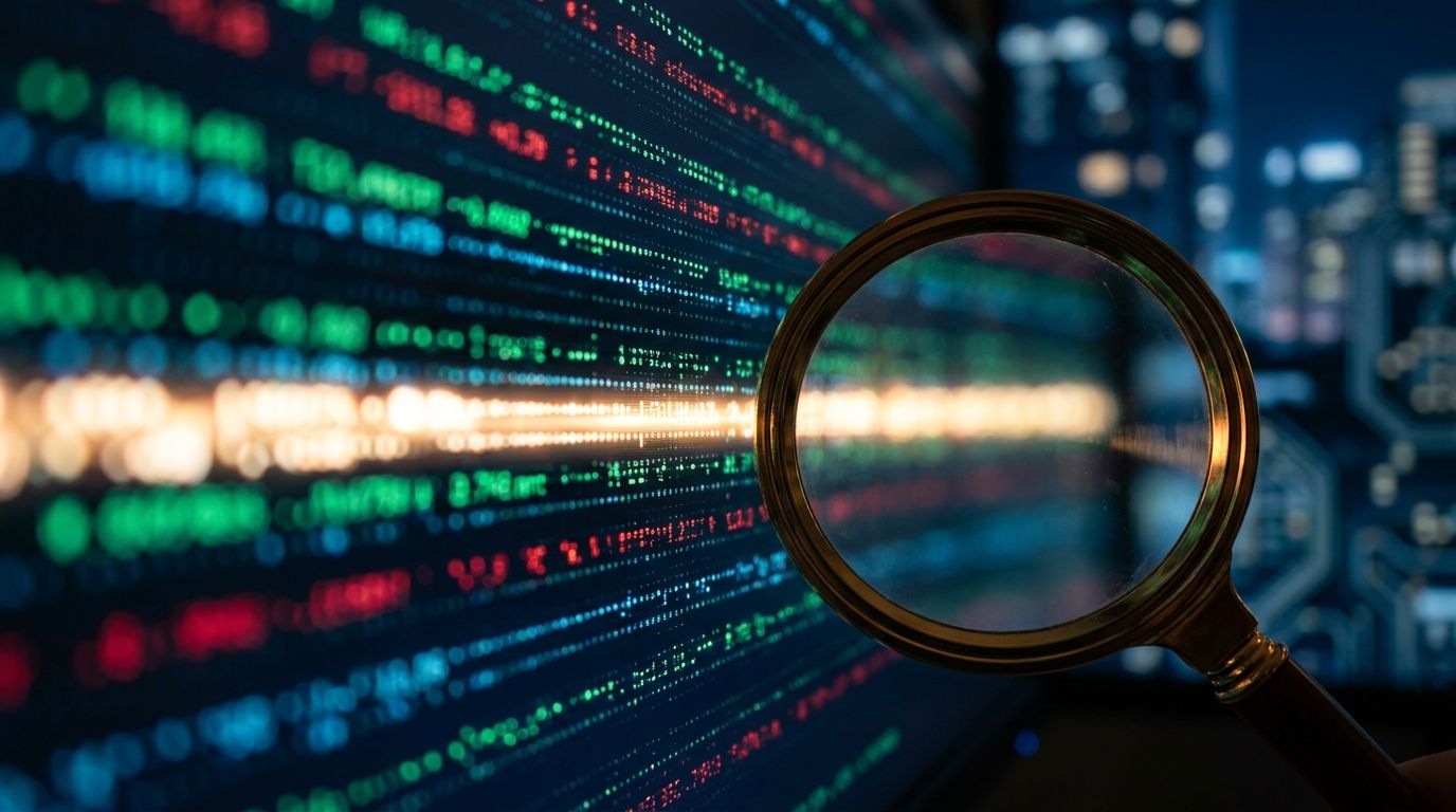 A dramatic close-up of a trading screen filled with cascading green and red options data, with one row dramatically highlighted or glowing to indicate a massive volume spike standing out from the rest.