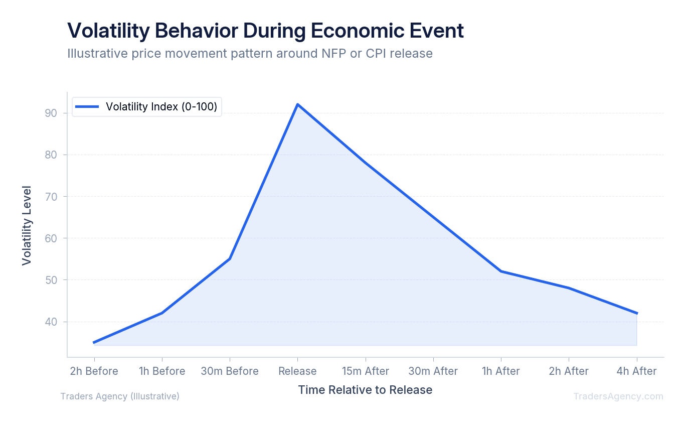 Line chart showing market volatility building before an economic event, spiking at release time, then gradually settling over the following hours