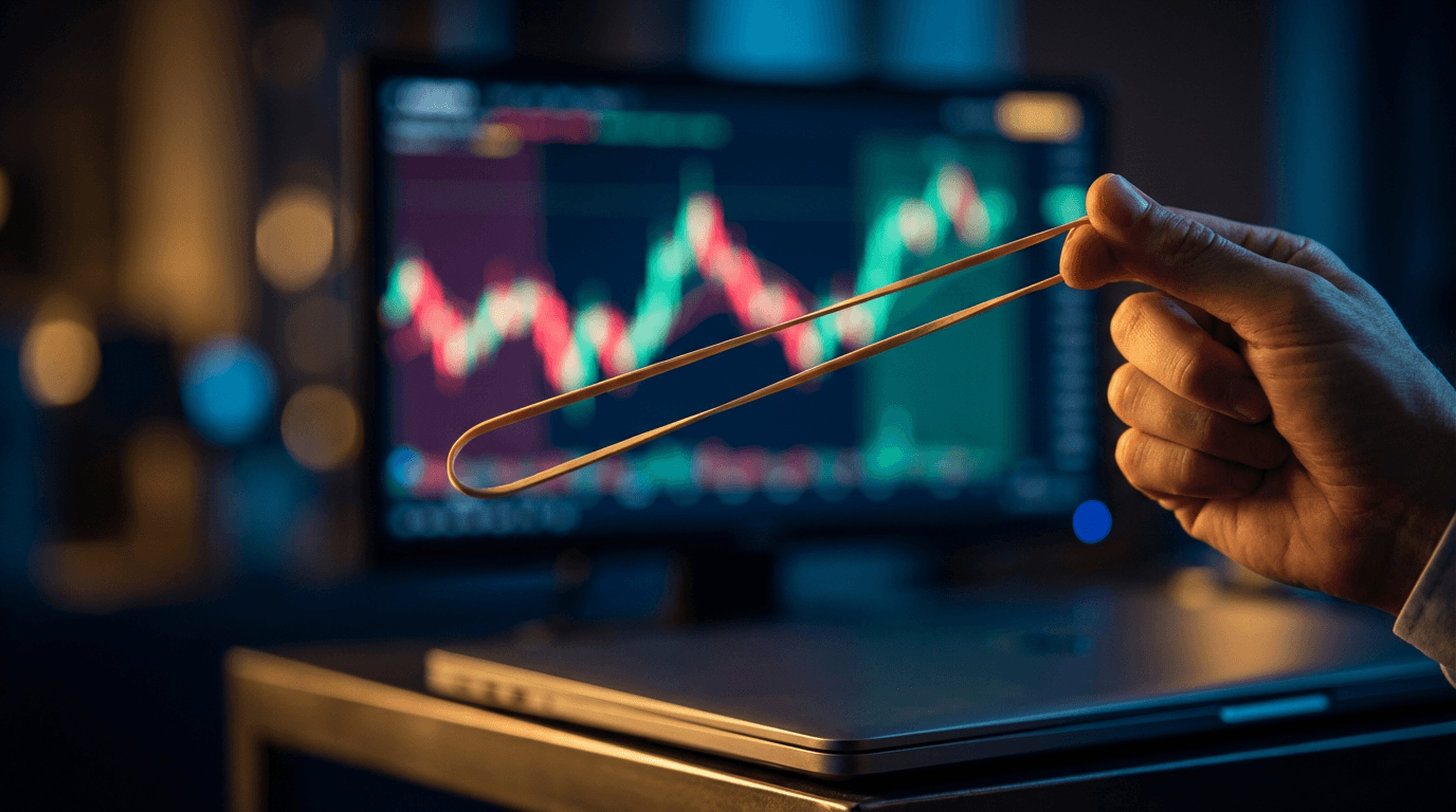 A close-up of a sleek financial chart displayed on a dark screen, with a glowing oscillating indicator line dramatically sweeping between clearly visible overbought and oversold zones highlighted in red and green.