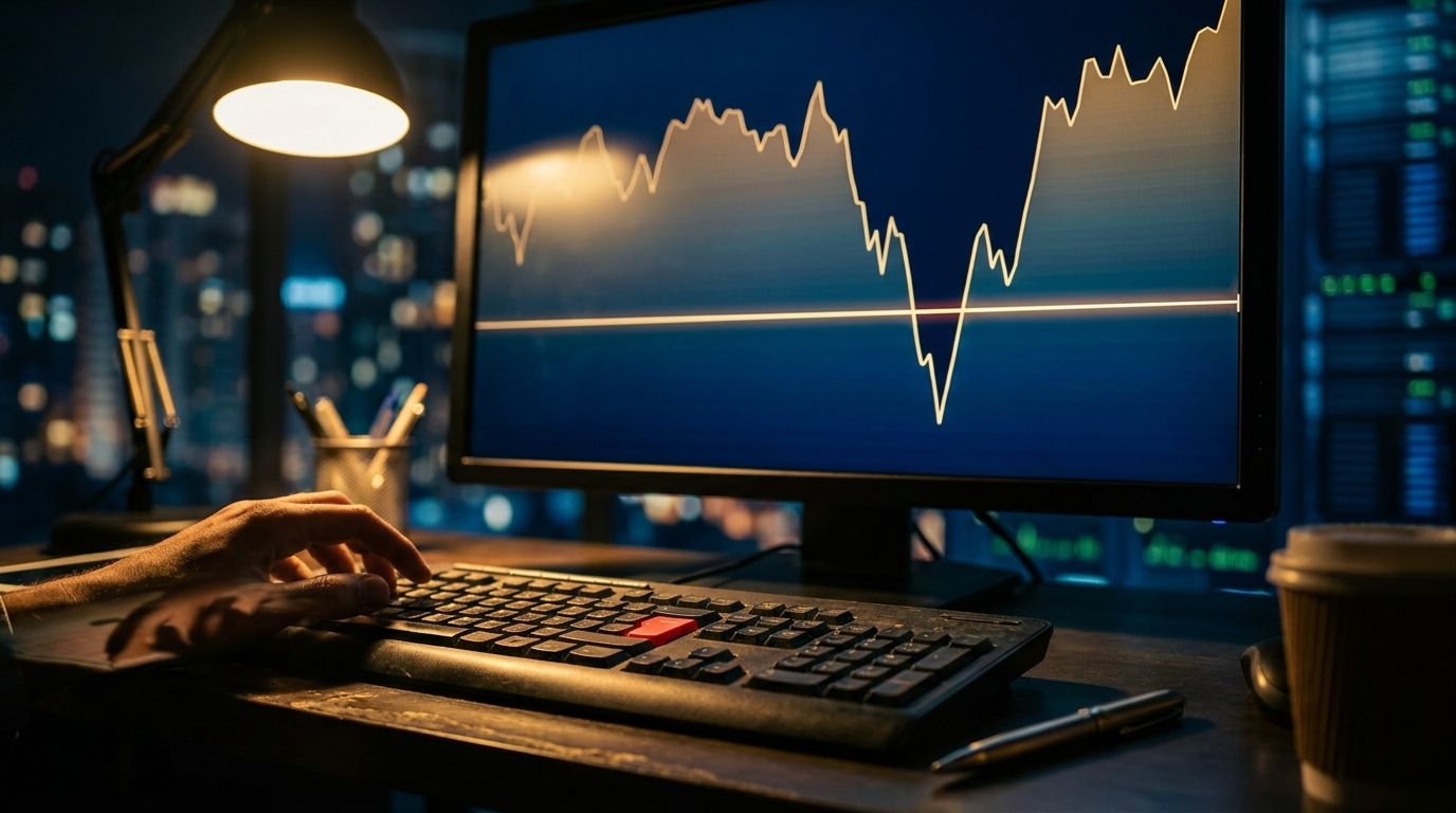 A stressed trader sits hunched at a glowing screen showing a stock chart with a sharp but temporary dip, their hand hovering nervously over a sell button. The chart clearly shows the price rebounding just above a marked stop-loss line, visually capturing the moment of fear before a recovery. The tense body language and the gap between the current price and the stop-loss level tells the whole story of resisting panic and trusting the original plan.