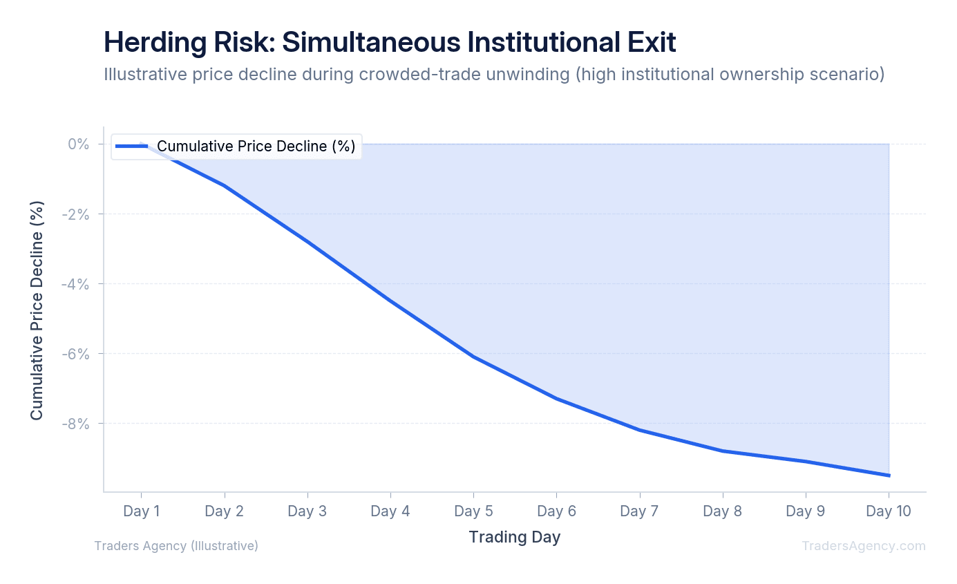 Area chart showing cumulative price decline over 10 trading days when institutions simultaneously exit a crowded position