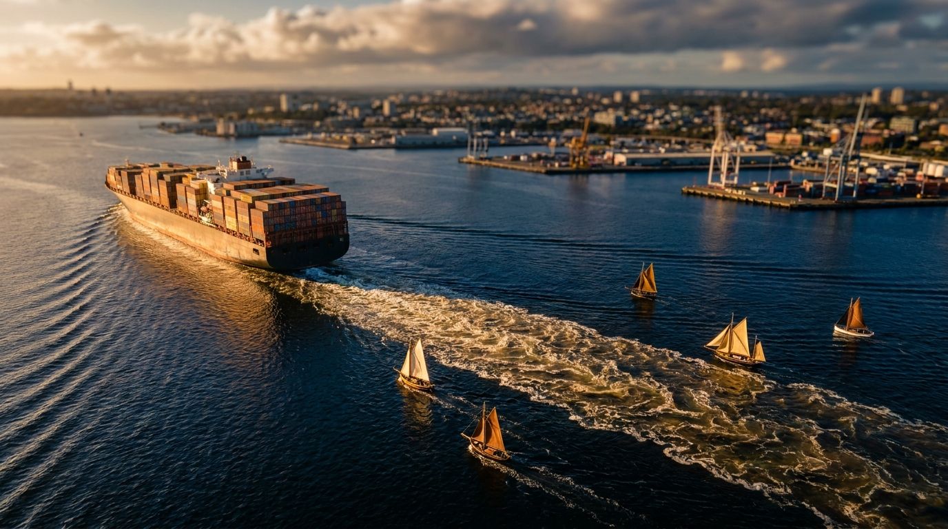 A powerful visual of a massive cargo ship navigating through a harbor surrounded by small sailboats, shot from an aerial perspective to emphasize the dramatic size contrast.