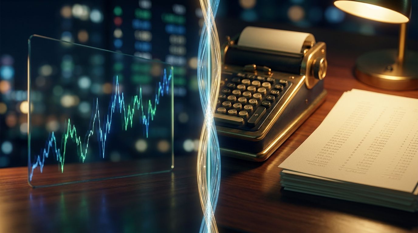 A split-scene composition showing a stock price chart on one side with volatile, unpredictable movements contrasted against a clean, structured calculator or spreadsheet with cash flow projections on the other side, connected by a glowing c