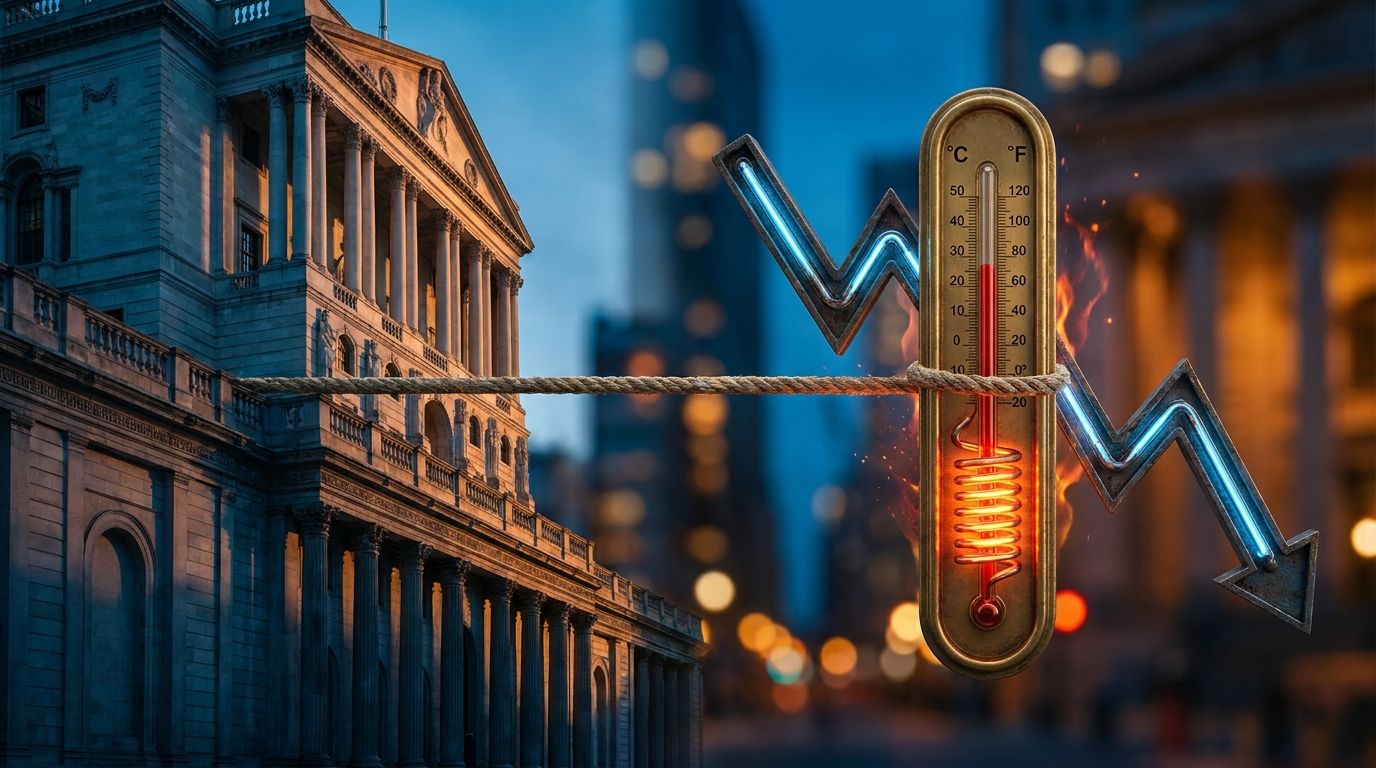 A split composition showing a Federal Reserve building or classical financial institution on one side, with a dramatic tug-of-war visual tension created by opposing economic forces — a rising thermometer or heat gauge representing stubborn