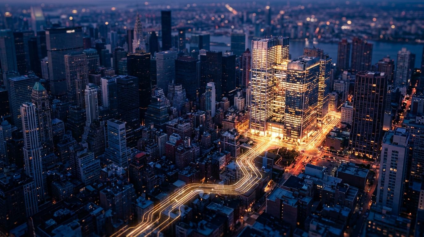 A dramatic aerial view of a massive financial trading floor or city skyline at dusk, with most lights dimming or fading out except for one blazing cluster of bright lights in a specific section, symbolizing selective risk reduction with concentrated conviction. In the foreground or overlay, a single glowing trail or footprint pattern leads toward that illuminated area, representing institutional money leaving trackable traces. The overall mood is dark and high-stakes, with that one beacon of int