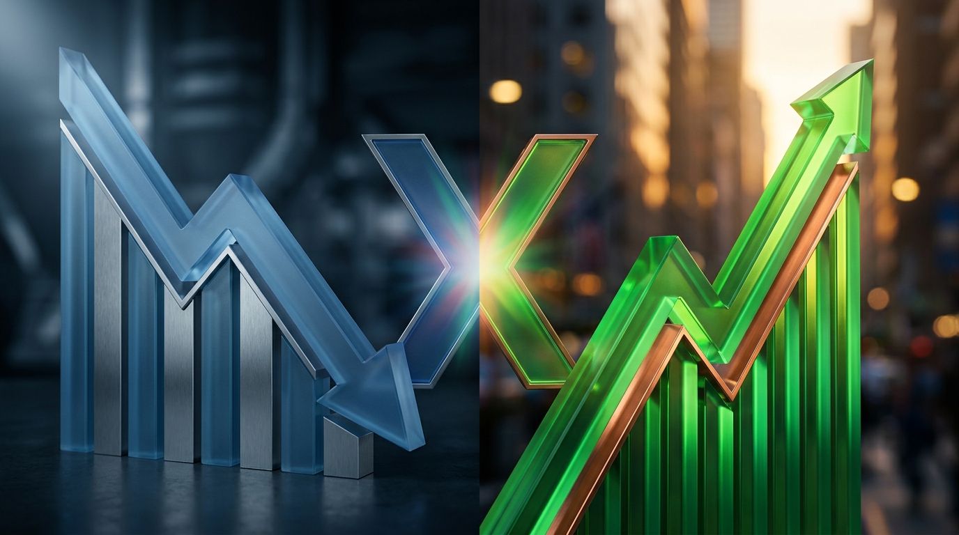 A split-scene visual shows a downward-trending jobs chart or falling employment figures on one side, while a bold green stock market graph surges upward on the other side, creating a striking visual contradiction.