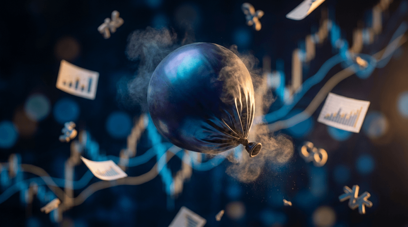 A dramatic close-up of a deflating balloon mid-burst, with scattered stock charts and option price ticker symbols swirling around it against a dark financial backdrop.