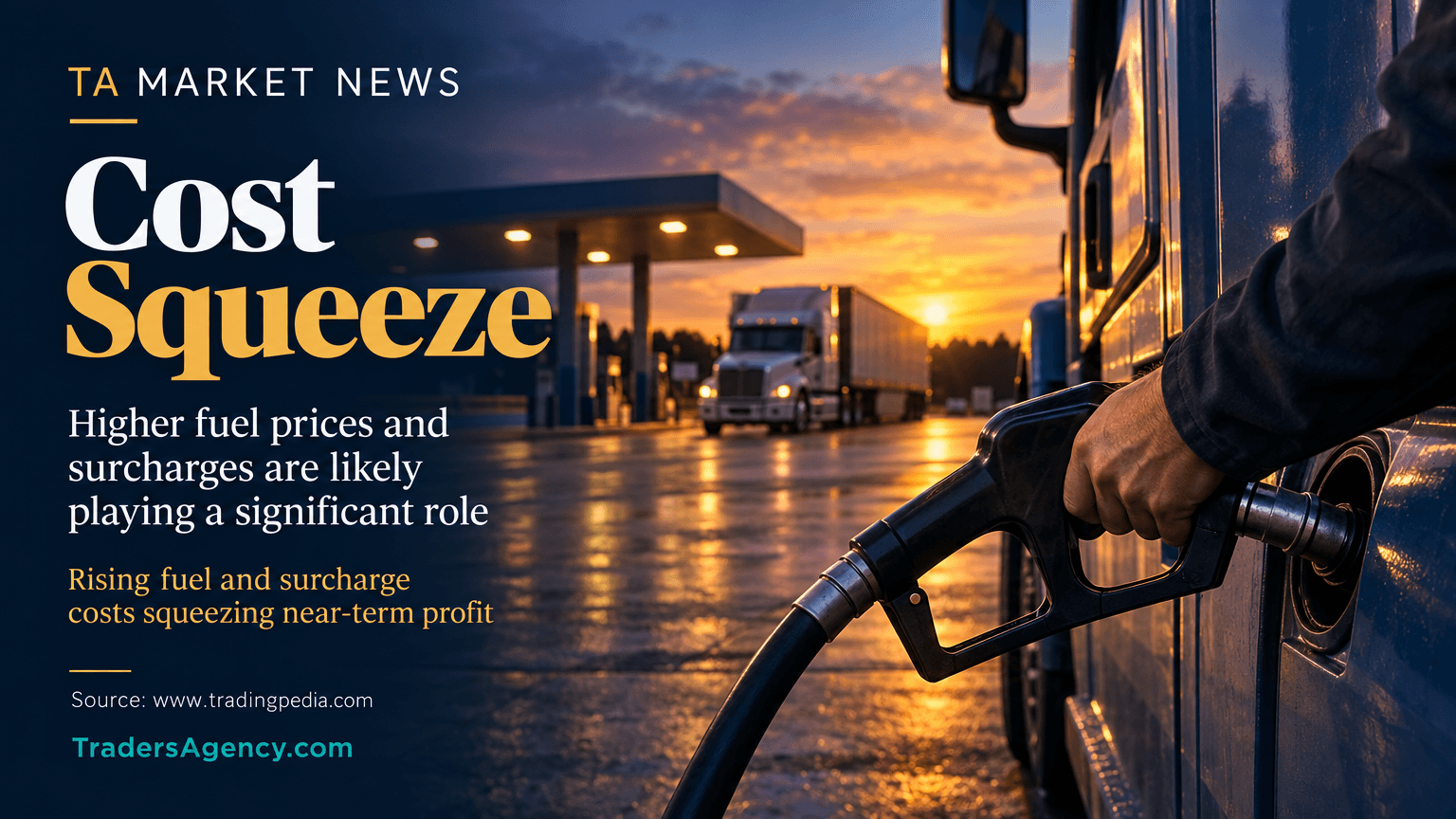 Illustration of a truck refueling at a highway station at dusk, symbolizing rising fuel costs.