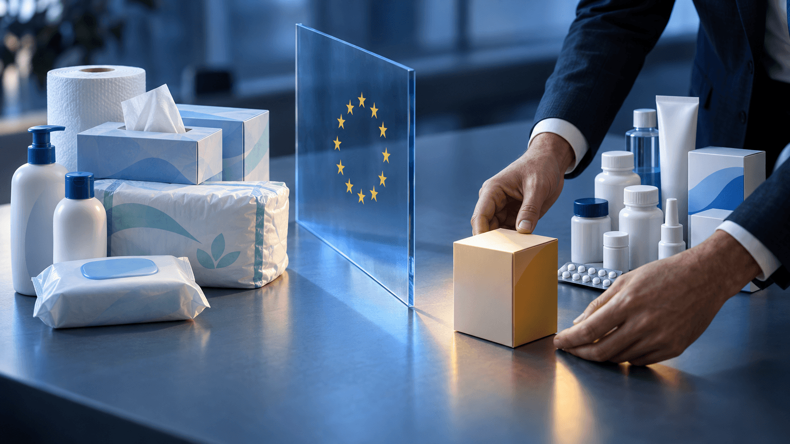 A still-life scene of two separate clusters of unbranded consumer and personal-care product containers on a table, divided by a translucent glass panel etched with a circular EU-star motif, with a pair of hands lifting one small box away from the main group to set it outside the divider, symbolizing a regulatory concession during a corporate acquisition.