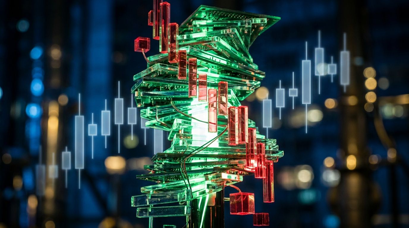A glowing, multi-layered digital order book interface floats in a dark, data-rich environment, with cascading rows of green bid prices stacking upward and red ask prices pressing downward, creating a visual tension at the center spread.