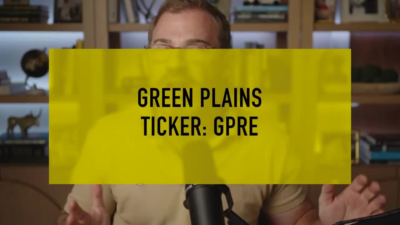 Text overlay displaying 'GREEN PLAINS' with ticker symbol 'GPRE' on a yellow background