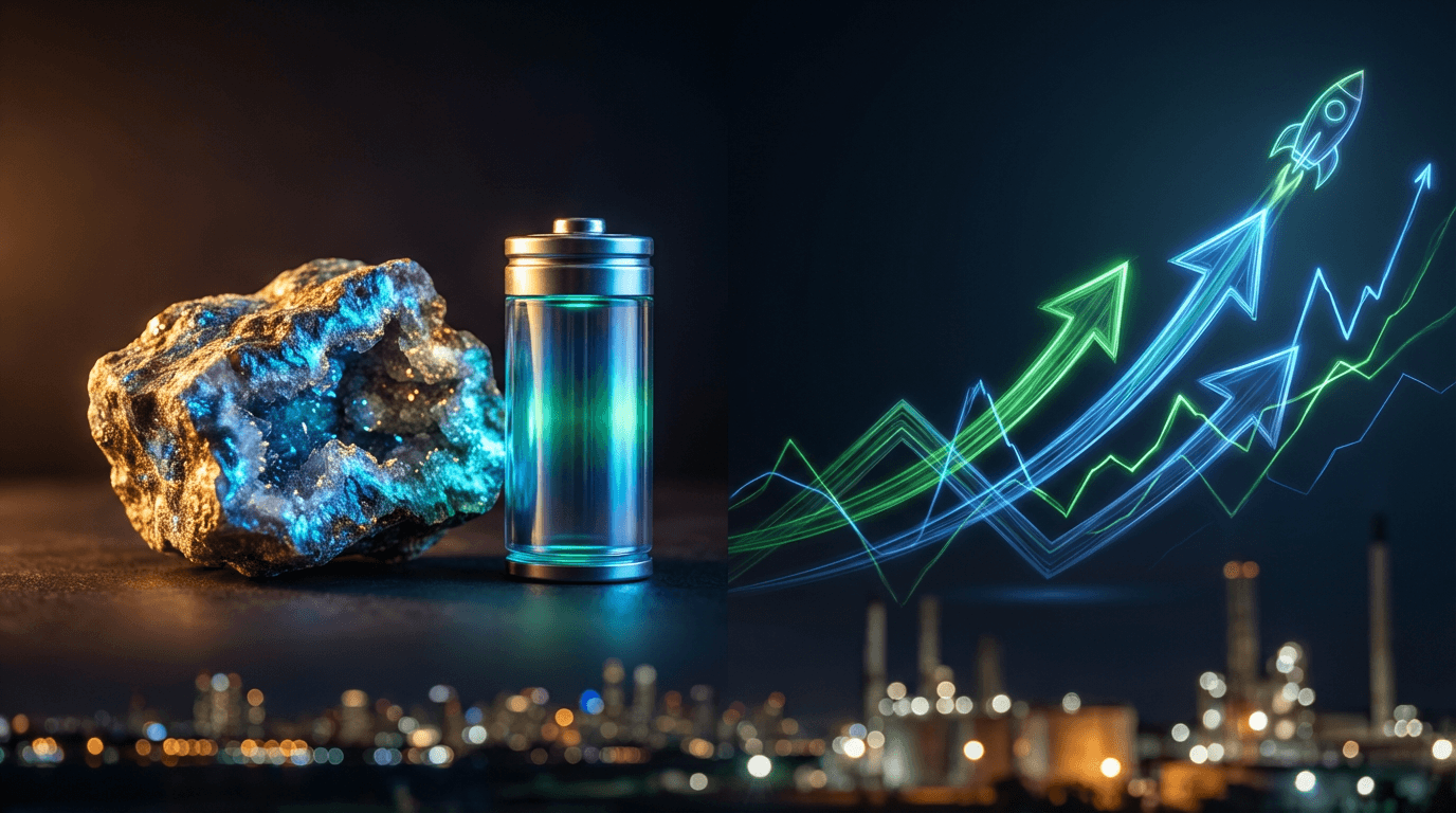 A dynamic split composition showing a glowing lithium battery cell or raw lithium mineral on one side, with upward-trending green stock chart arrows surging dramatically on the other side.