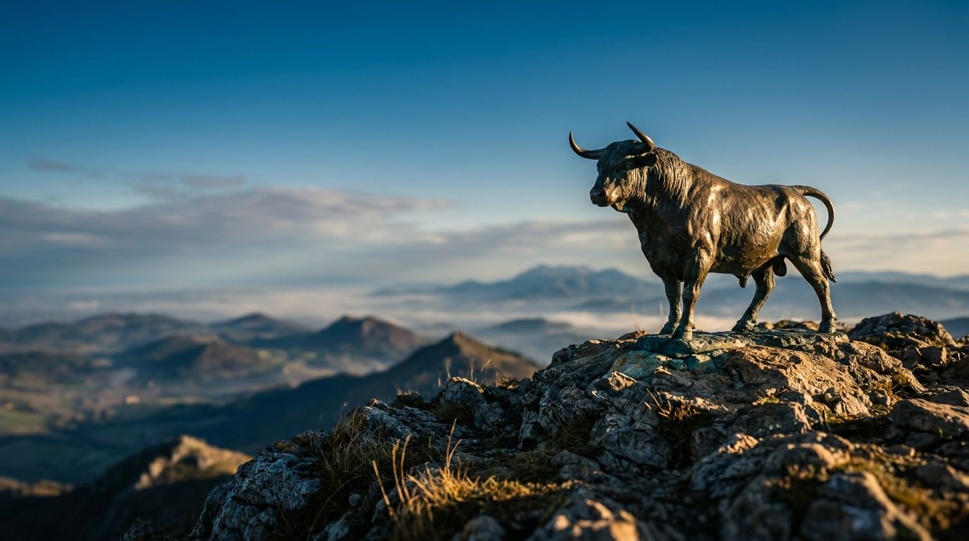 A bull confidently standing at the peak of a mountain, surveying a vast landscape below under a calm, clear sky — symbolizing market strength and low volatility at new highs. The scene feels serene rather than threatening, with soft golden light suggesting opportunity rather than danger. In the distance, smaller peaks rise up, hinting at the small-cap rotation and further room to run.