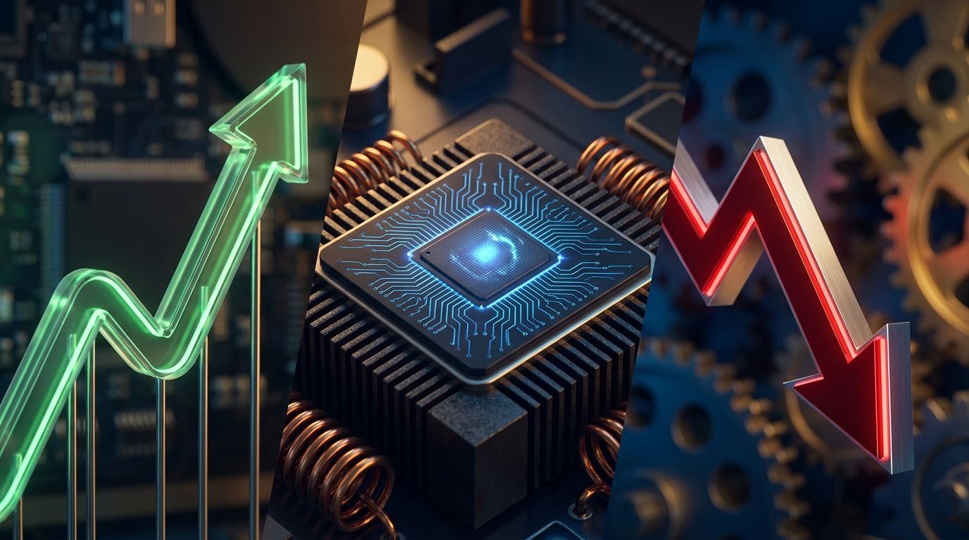 A dramatic split-screen visual showing a glowing green upward stock chart on one side and a sharp red downward price drop arrow on the other, symbolizing the paradox of strong earnings meeting a falling stock price.