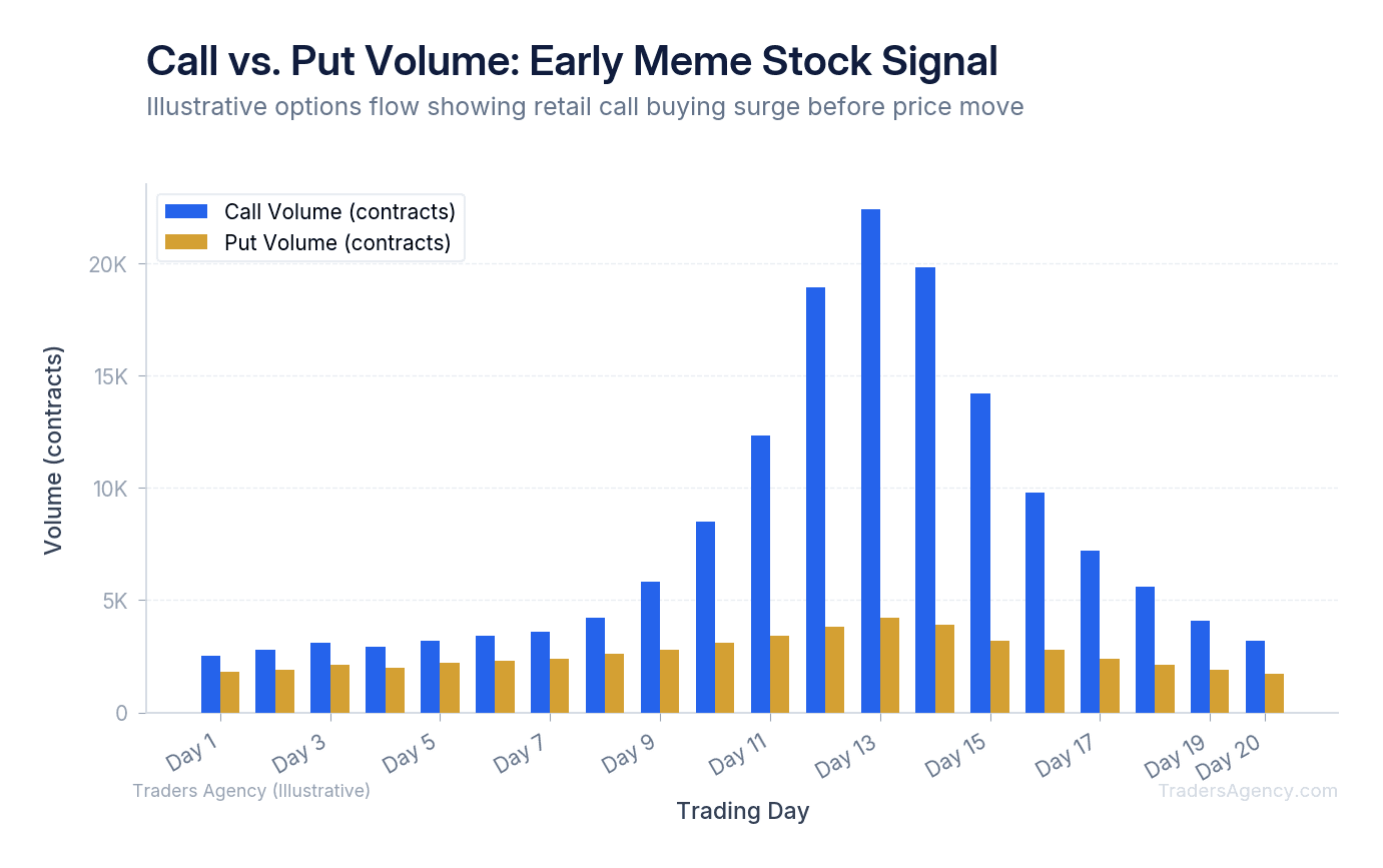 Bar chart showing daily call and put volume over 20 days with a dramatic spike in call volume on day 12-14