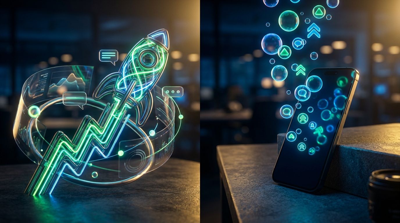 A split-screen composition showing a rocket-shaped stock chart surging upward on one side, while the other side displays a glowing smartphone screen filled with cascading social media notification bubbles and Reddit-style upvote arrows.