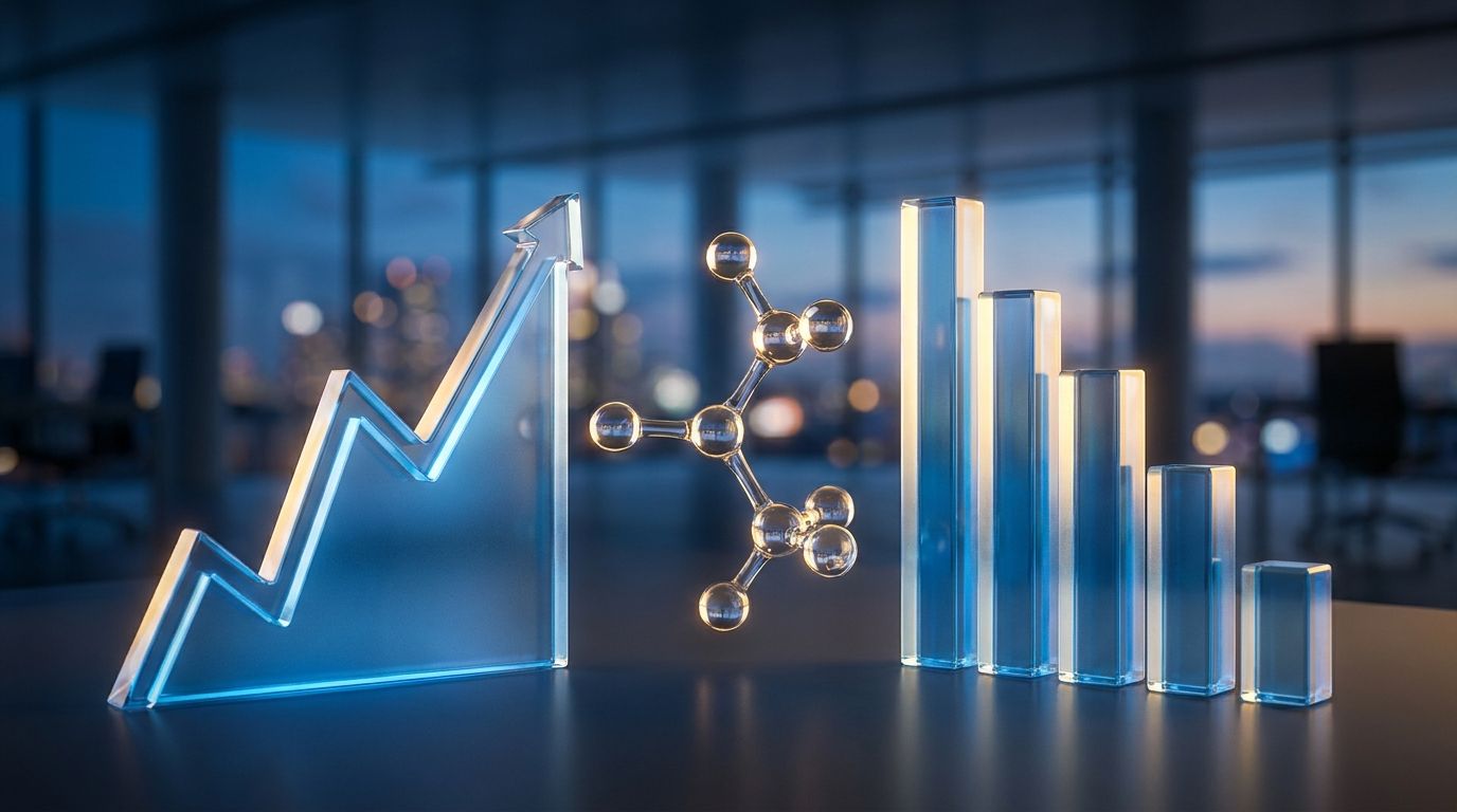 A split composition showing an upward-trending revenue graph on one side and a declining profit chart on the other, rendered in Merck's corporate blue tones against a clean, modern background.