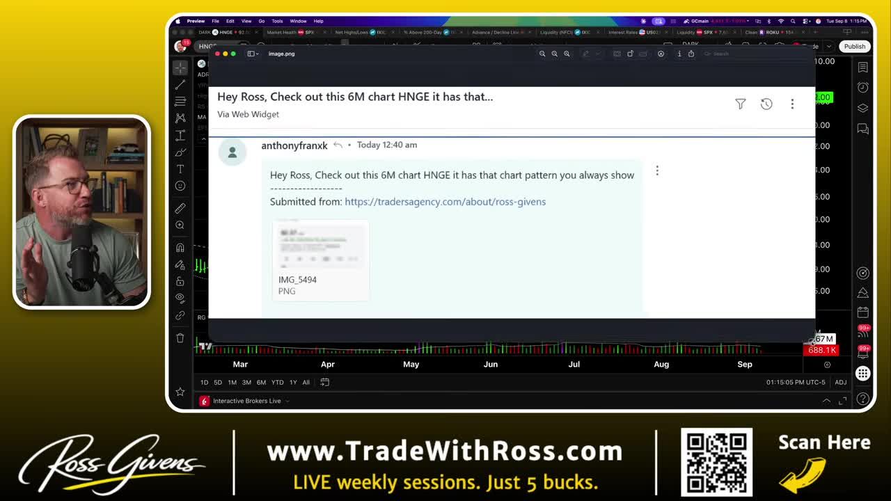 Email screenshot from a reader named Anthony suggesting a look at the 6-month HNG chart pattern