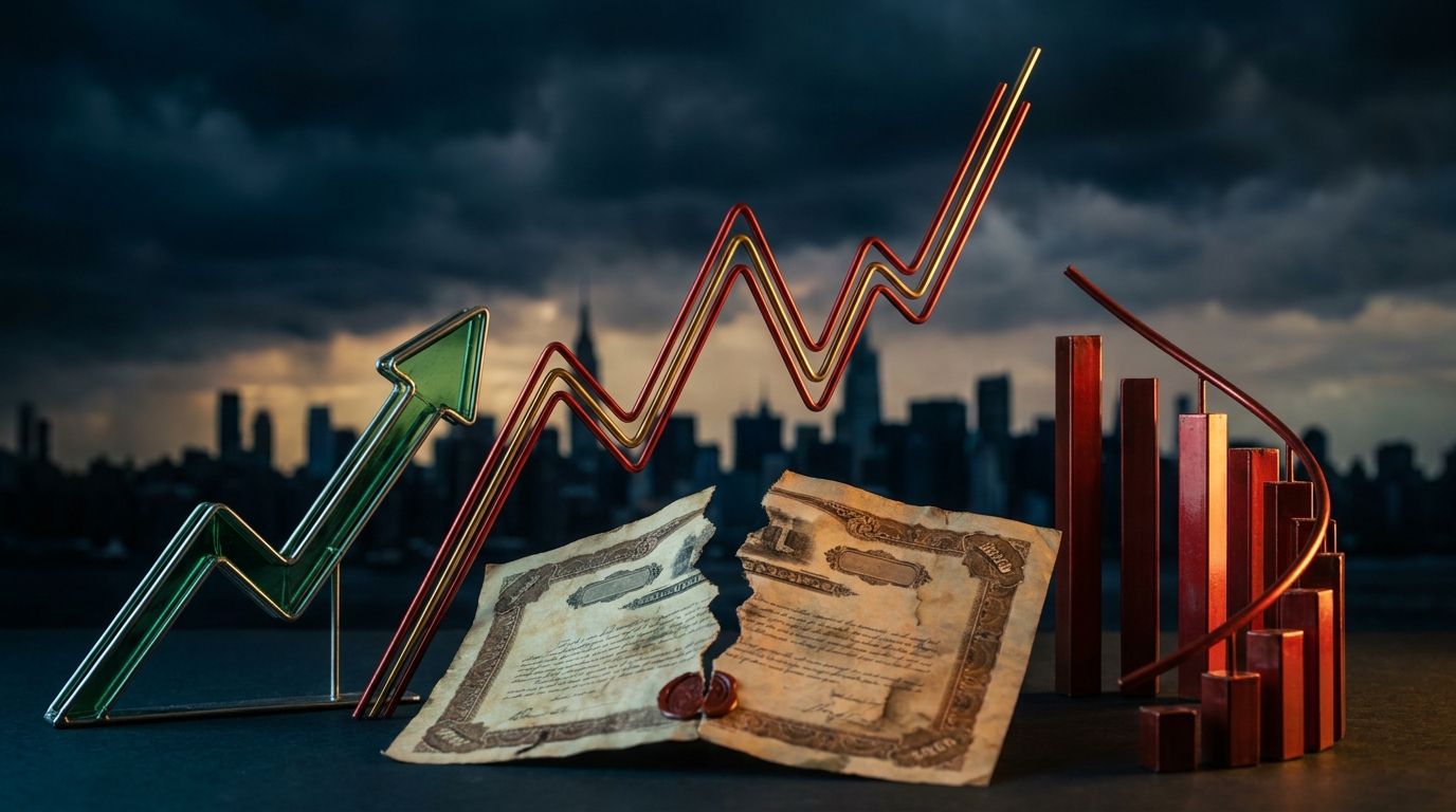 A dramatic upward-trending yield curve graph rendered in sharp red and gold tones dominates the frame, with a fractured bond certificate or treasury note splitting apart in the background to symbolize the structural break from decades of de