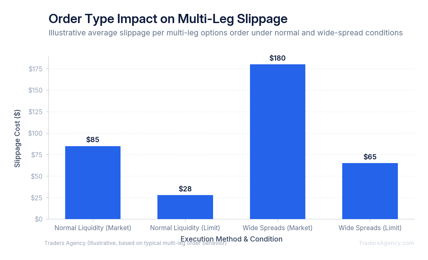 Bar chart comparing average slippage cost between market and limit order execution across different market conditions