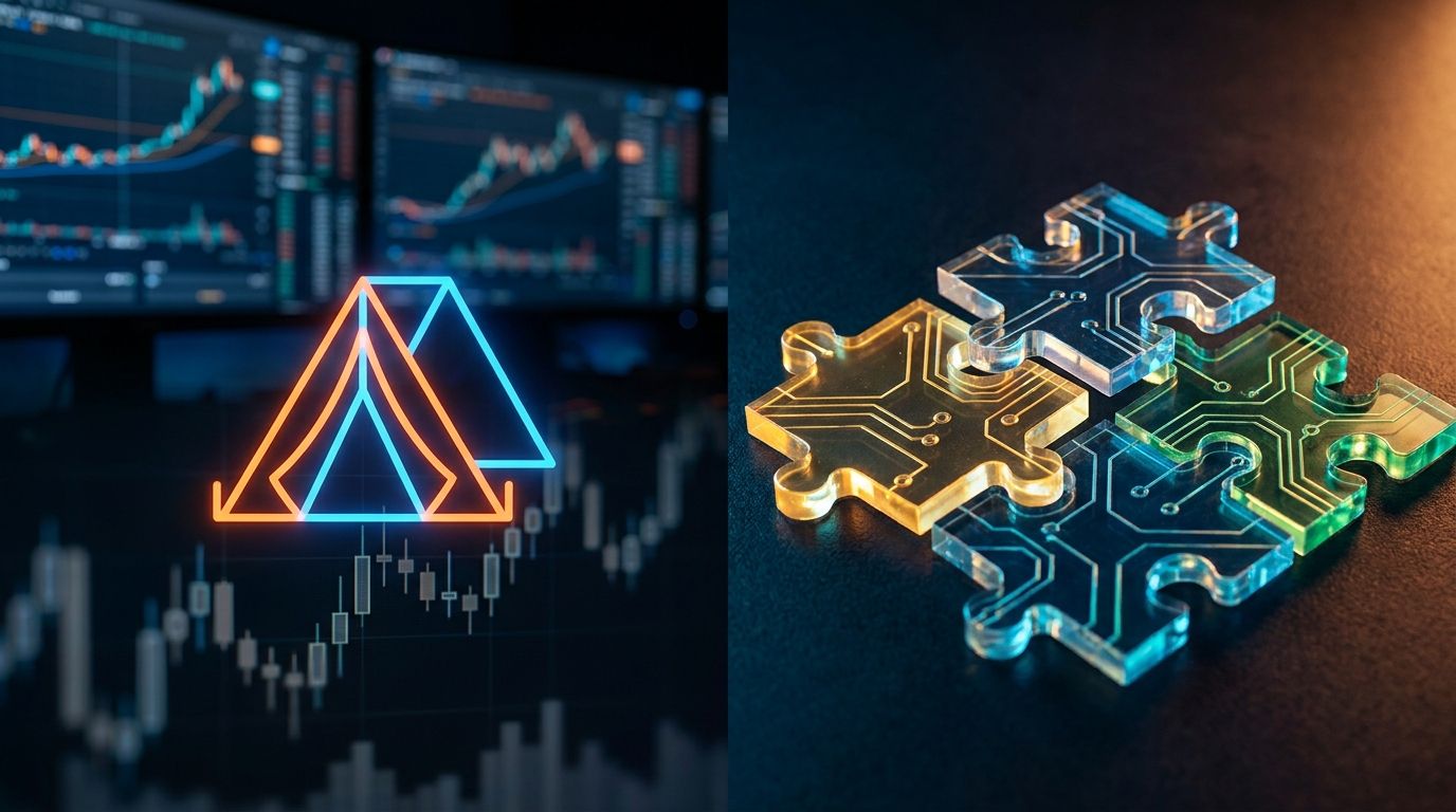 A split-screen visualization showing multiple interconnected options chains or trading legs represented as glowing, color-coded puzzle pieces snapping together simultaneously against a dark financial dashboard background.