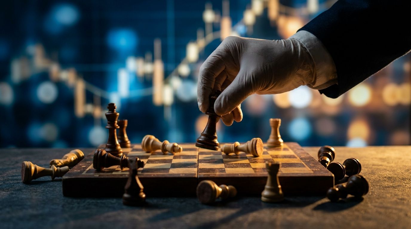 A chess player's hand hovering calmly over a board, deliberately holding a piece mid-move, while the surrounding pieces are scattered in chaos. The contrast between the composed, patient hand and the disorder around it visually captures the theme of maintaining control and choice in turbulent markets. Dramatic side lighting emphasizes the single steady hand, symbolizing the trader who still has the power to act when others have been forced out.