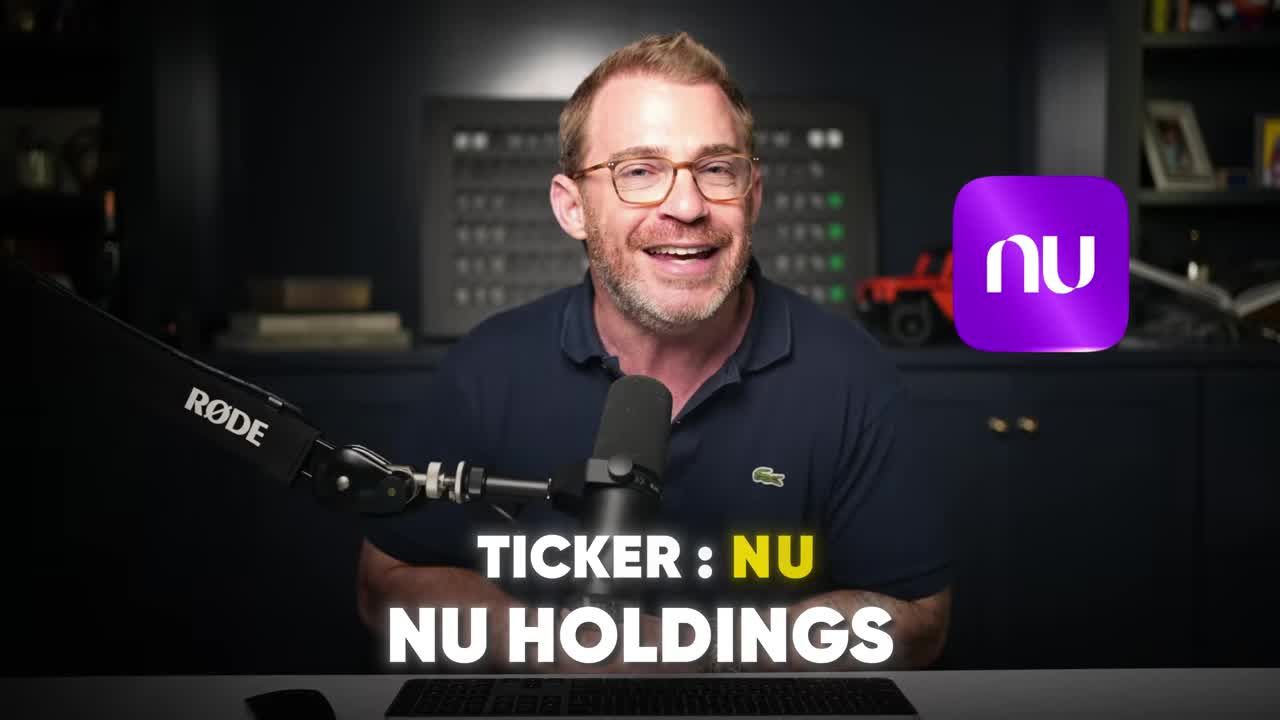 Nu Holdings ticker callout showing stock symbol 'NU' with the company's purple logo