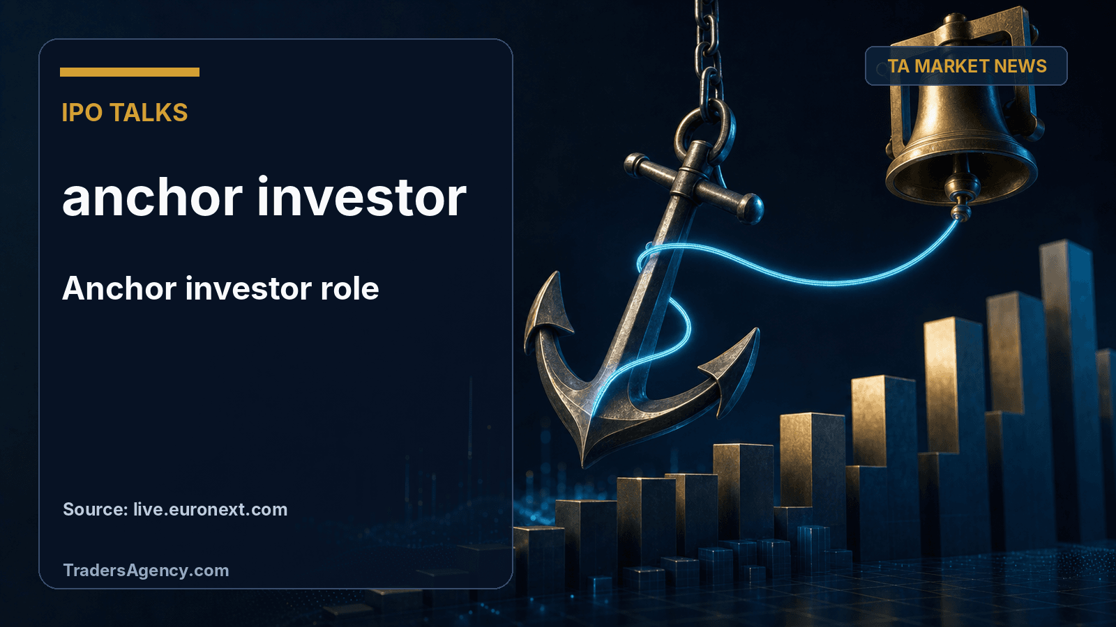 Illustration of a large anchor tethered to a rising financial chart and an IPO bell, symbolizing an anchor investor commitment.