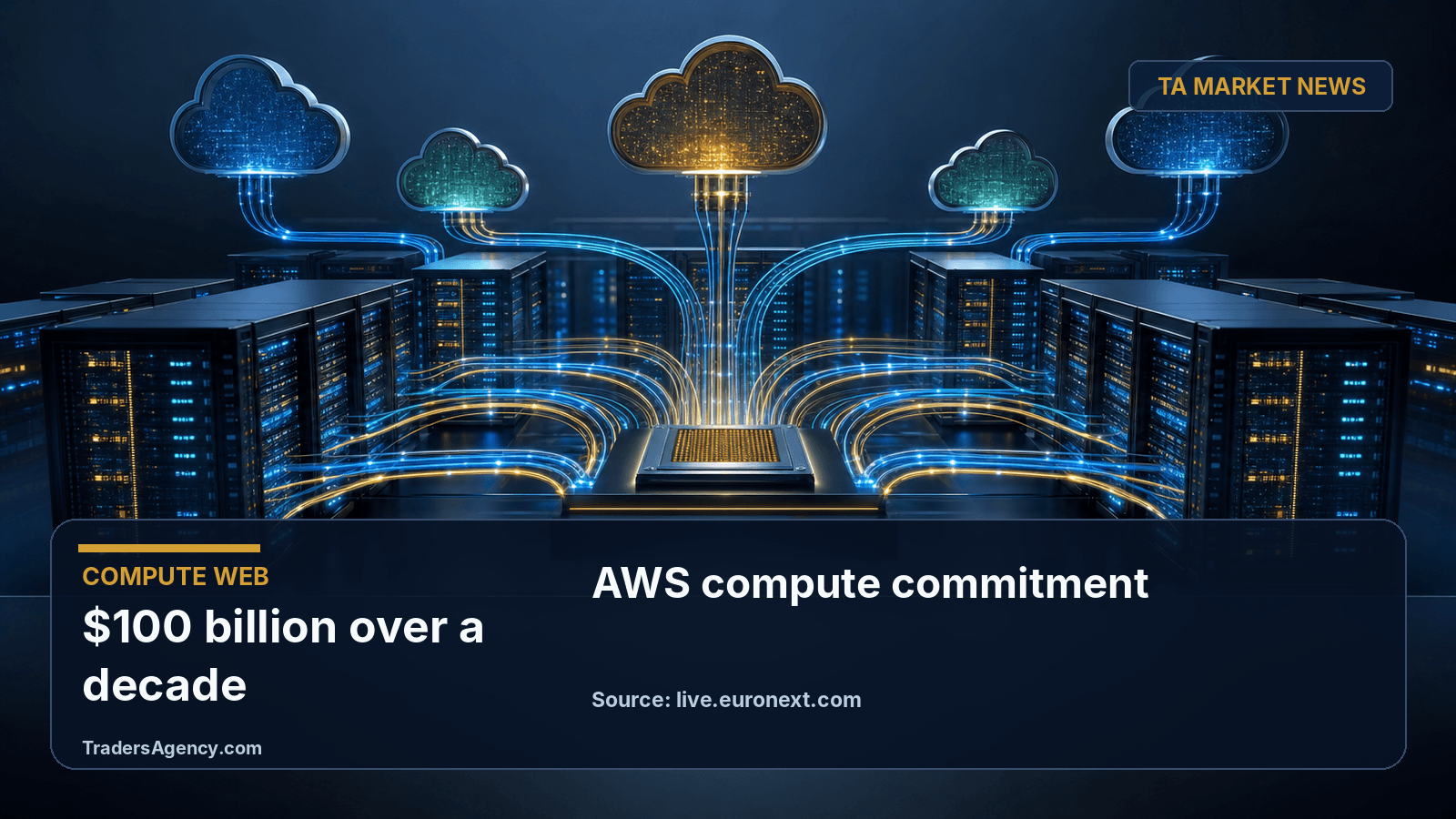 Illustration of glowing server racks connected by light trails to cloud-shaped nodes, representing AI compute supplier relationships.