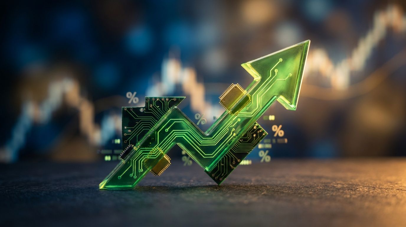 A bold upward-trending green stock chart arrow bursts dynamically against a dark background, with glowing Nvidia-green circuit board patterns and GPU chip imagery subtly embedded in the composition.