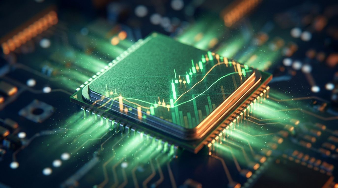 A close-up of the iconic green Nvidia GPU chip or logo dramatically lit against a dark background, with glowing upward-trending stock chart lines and candlestick patterns reflected across its surface.