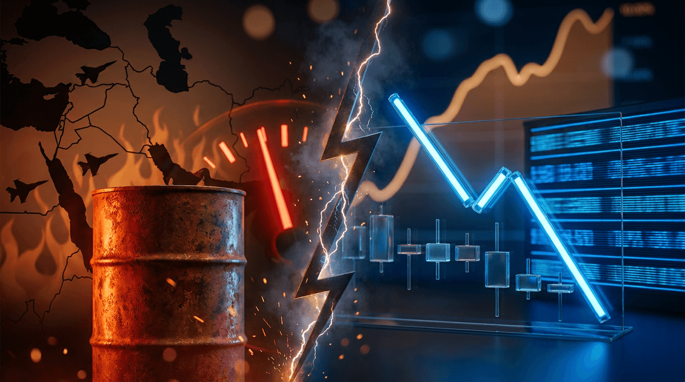 A dramatic split-screen composition: on one side, a fiery orange-red oil barrel or crude gauge needle spiking upward against a Middle East map silhouette with subtle military aircraft or flame motifs suggesting conflict; on the other side,