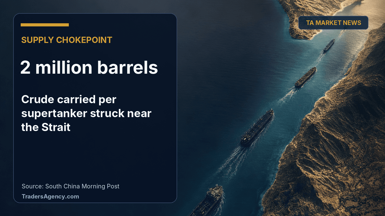 Editorial illustration of tanker ships passing through a narrow strait, representing shipping risk near the Strait of Hormuz