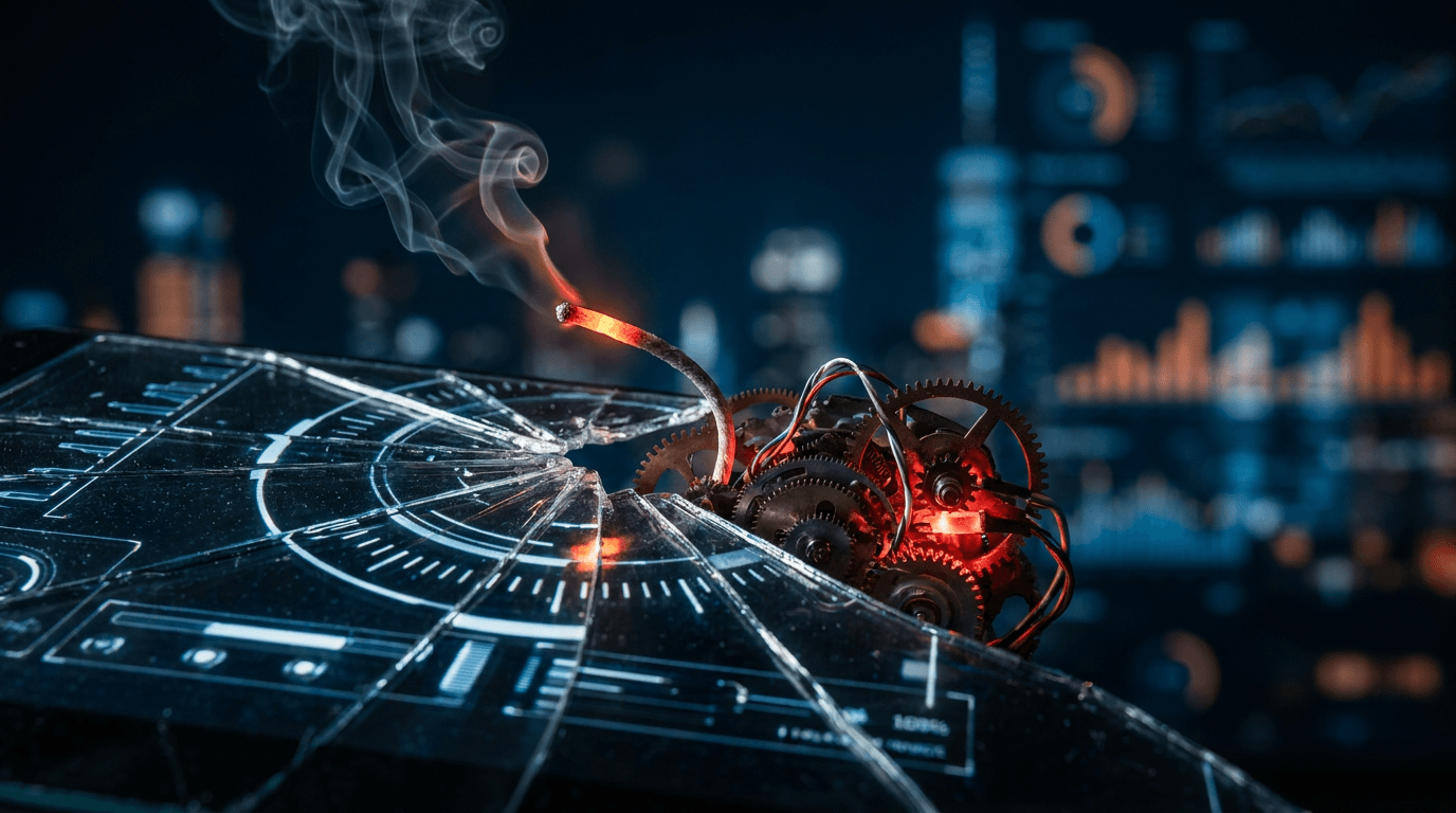 A sleek, glowing ChatGPT or AI interface screen is cracked down the middle like a broken screen, with a lit fuse and smoke curling from behind it against a dark background.