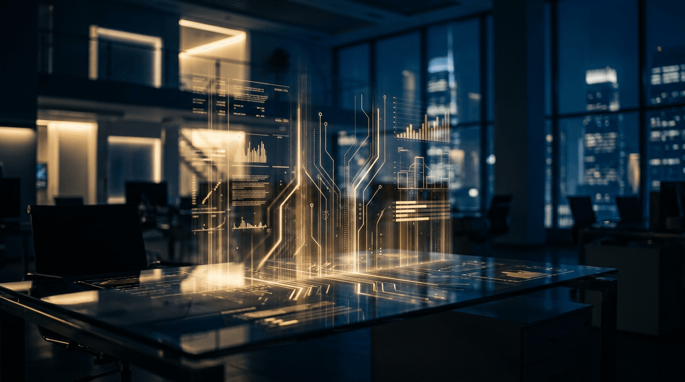 A sleek, dark-toned trading-floor scene where a glowing ChatGPT interface hovers above a glass desk, projecting streams of financial charts, stock tickers, and a half-formed pitchbook deck into the air.