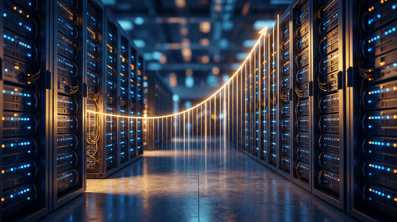 A vast, glowing data center corridor stretching into the horizon, lined with rows of illuminated server racks pulsing with blue and orange light to suggest immense computing power and AI workloads.