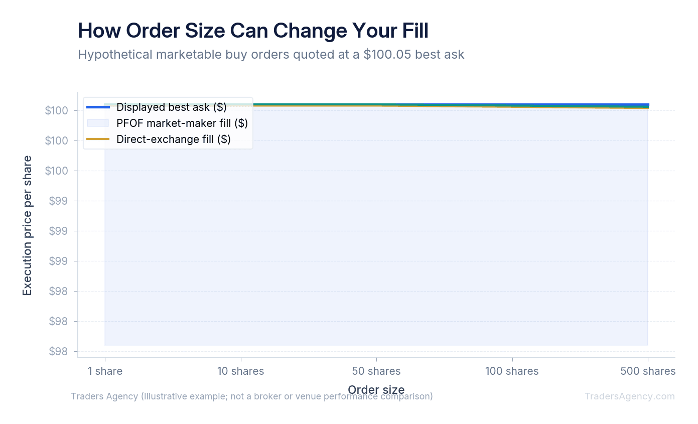 Line chart comparing a displayed ask of $100.05 with hypothetical payment-for-order-flow and direct-exchange execution prices for orders from 1 to 500 shares