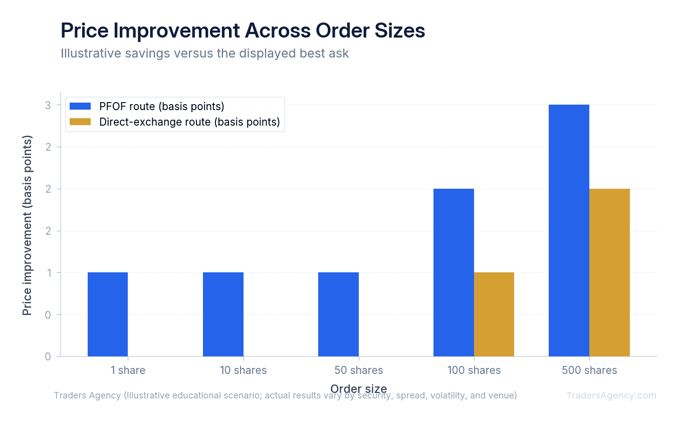 Bar chart showing illustrative price improvement in basis points for PFOF and direct-exchange routes across five order sizes